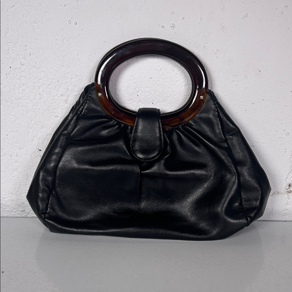 Vintage Black Leather Clutch with Brown Lucite Handle
